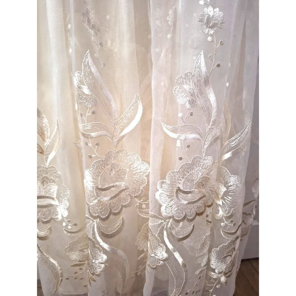 Cream Formal Midi Tea Dress Med Chiffon Bows Sheer Layer Fit Flare Cottage Fairy